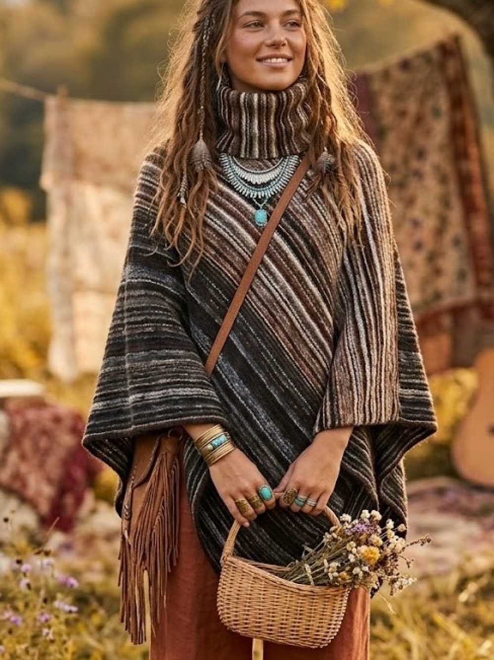 D&Y Earthy Striped Knit Poncho High Neck Boho Hippie Cottagecore Lagenlook OS